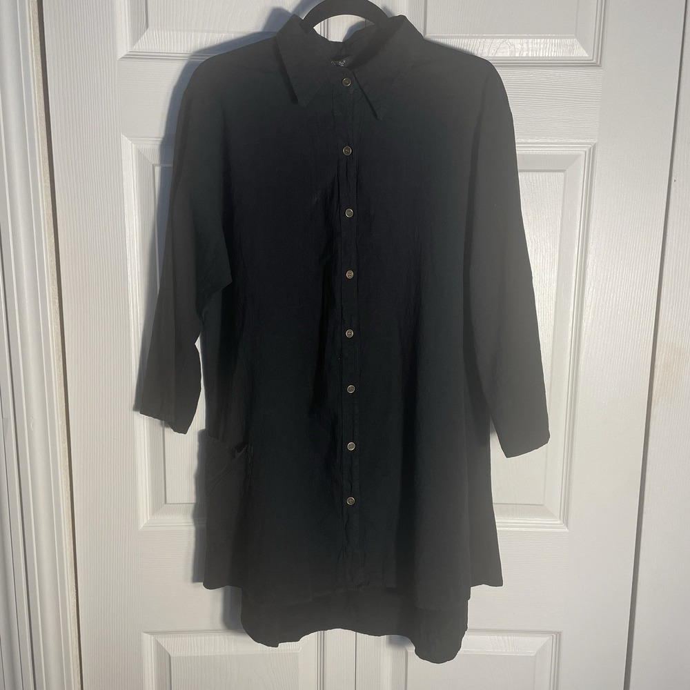 Giocam Sol Tunic Women L Black 100% Peruvian Cotton Button Up Lagenlook Roll Tab